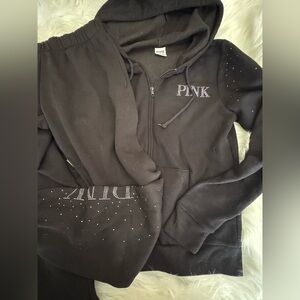 Victoria’s Secret PINK Bling Black Zip Hoodie & Matching Sweatpants Set SZ:S/XS